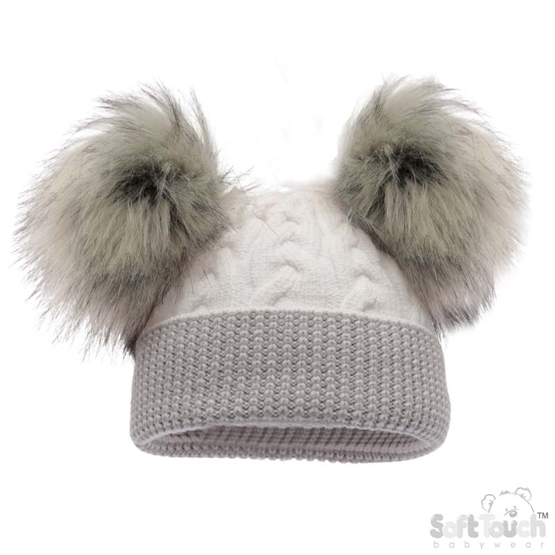 White Cable Knit Hat w/2 Large Fur Pom Pom : No. H646-W-SM