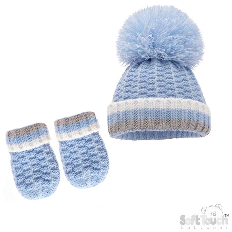 Blue Ribbed Hat & Mitten Set : No. H648-B-SM