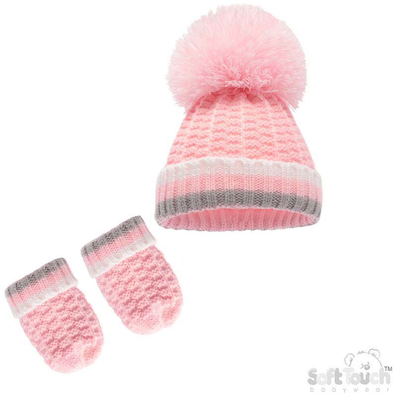 Pink Ribbed Hat & Mitten Set : No. H648-P-SM