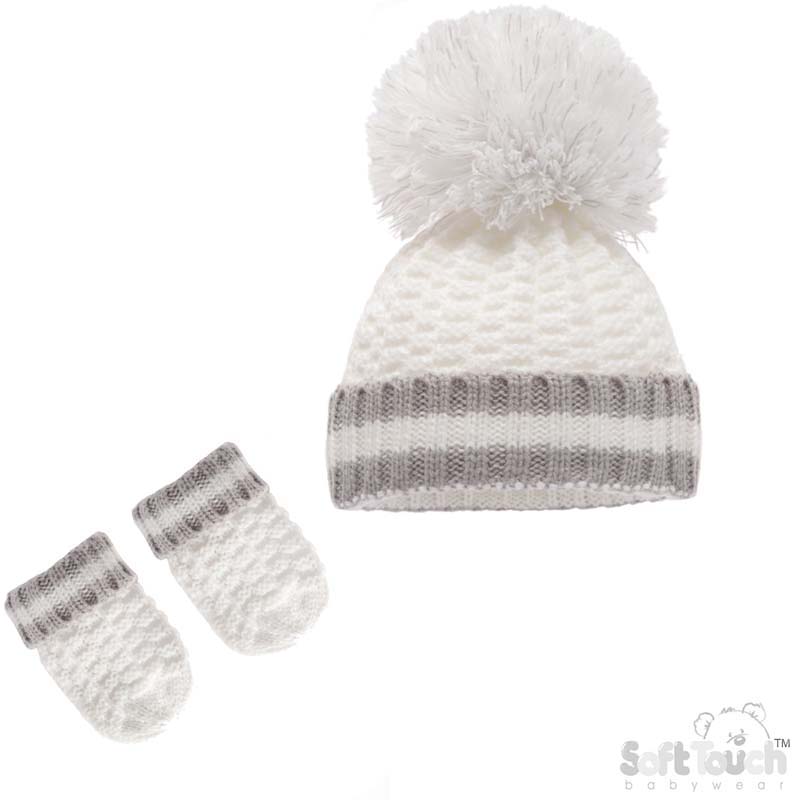 White Ribbed Hat & Mitten Set : No. H648-W-SM