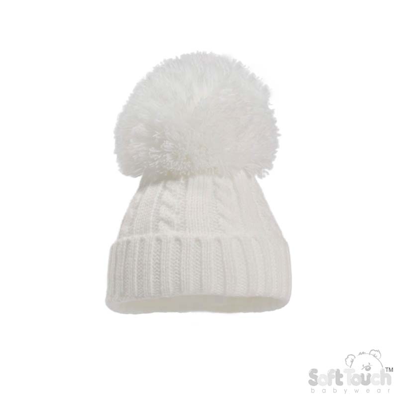 White 'Elegance' Cable Knit Hat w/Pom Pom : H650-W-SM