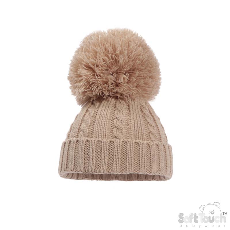 Coffee 'Elegance' Cable Knit Hat w/Pom Pom : H652-COF-MED
