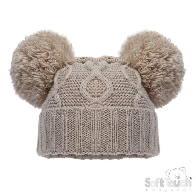 Biscuit 'Chain' Knit Hat w/2 Pom Poms No. H660-BI