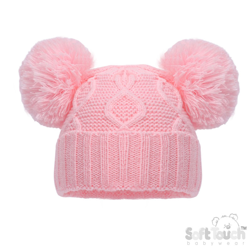 Baby Pink 'Chain' Knit Hat w/2 Pom Poms No. H660-BP