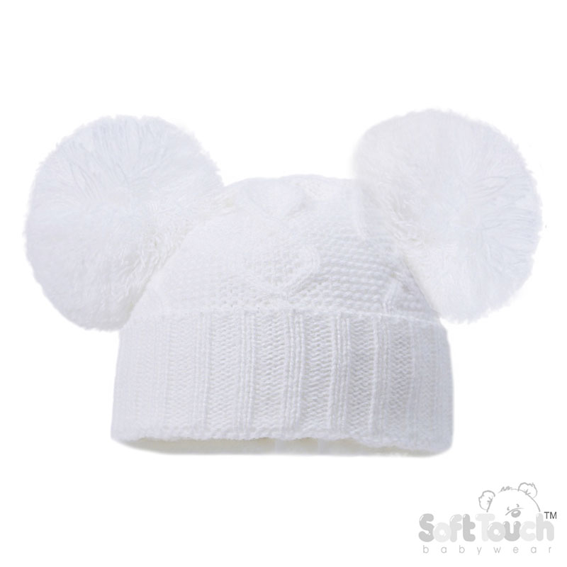 White 'Chain' Knit Hat w/2 Pom Poms No. H660-W
