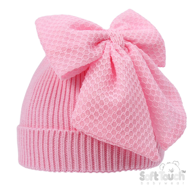 Pink Chenille Ribbed Hat with/Large Turnover & Bow No. H668-P