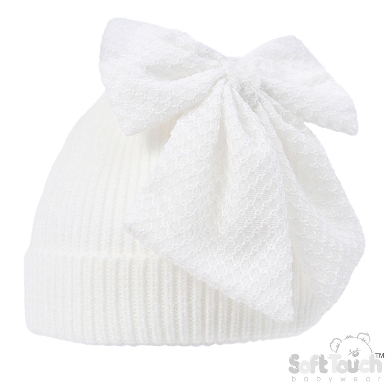 White Chenille Ribbed Hat with/Large Turnover & Bow No. H668-W