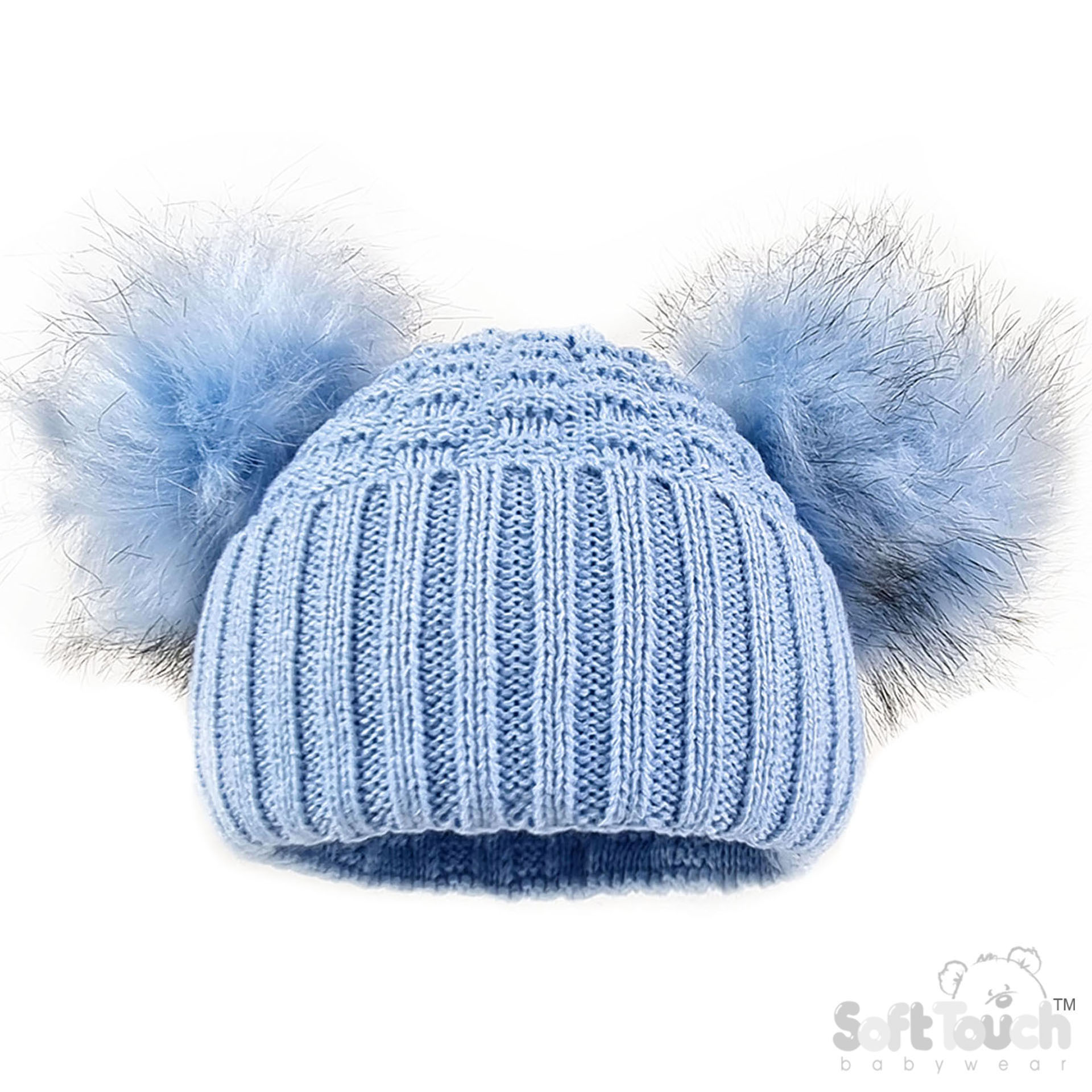 Deluxe Baby Blue Checked/Striped Hat w/Pom Poms No. H670-BB