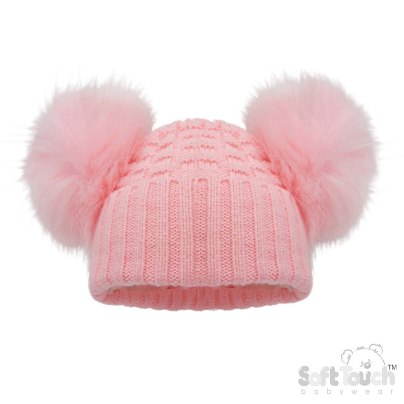 Deluxe Baby Pink Checked/Striped Hat w/Pom Poms No. H672-BP