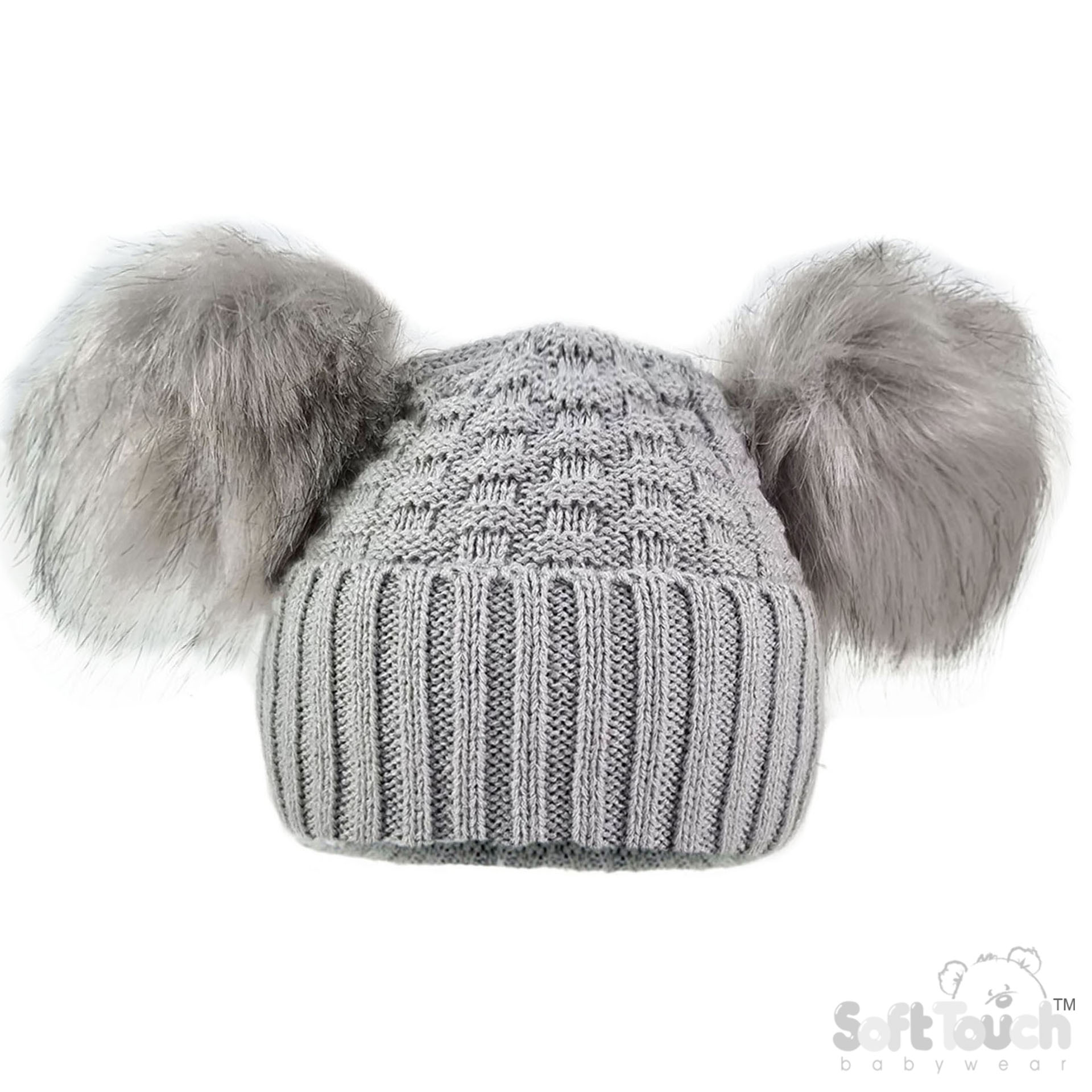 Deluxe Grey Checked/Striped Hat w/Pom Poms No. H672-G