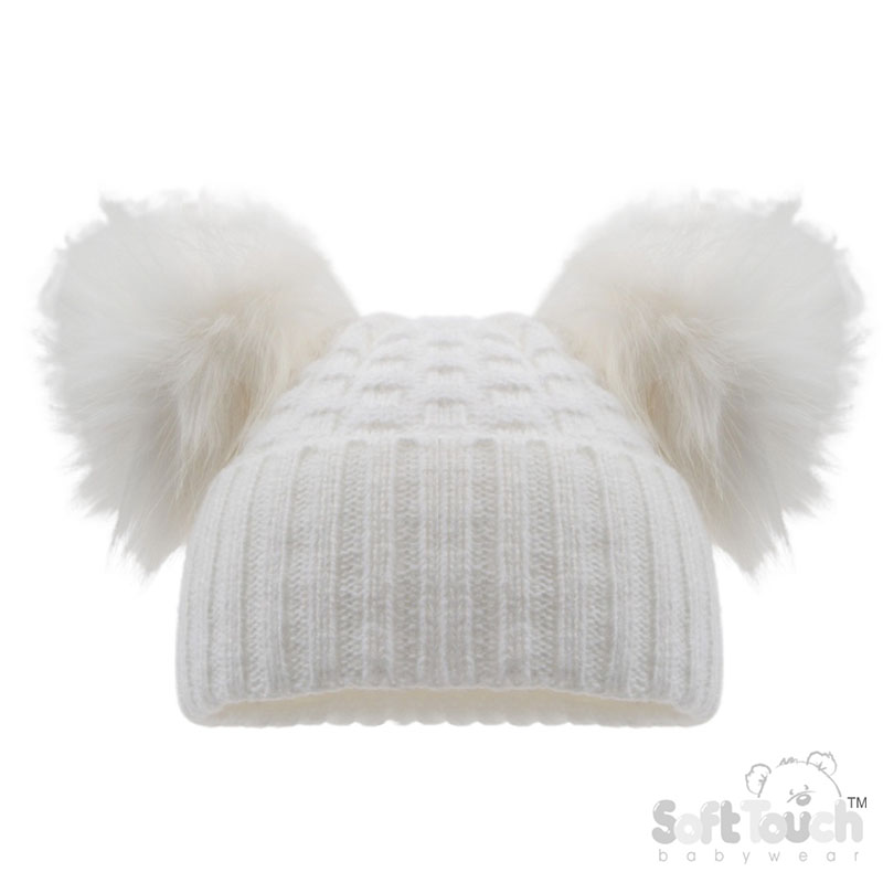Deluxe White Checked/Striped Hat w/Pom Poms No. H672-W