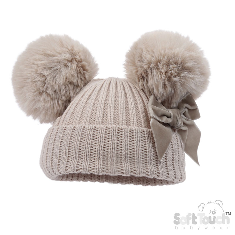 Biscuit Ribbed Hat w/Velvet Bow & 2 Pom Poms No. H678-BI