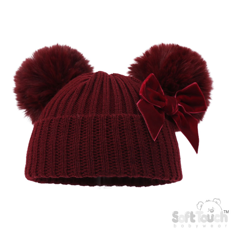 Burgundy Ribbed Hat w/Velvet Bow & 2 Pom Poms No. H678-BU