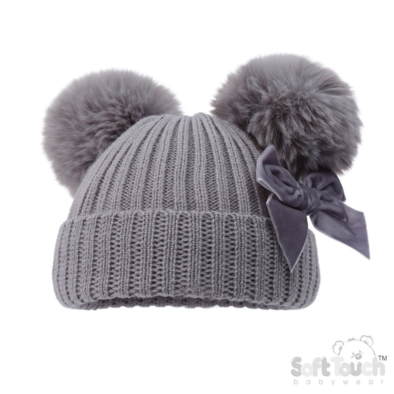 Grey Ribbed Hat w/Velvet Bow & 2 Pom Poms No. H678-G
