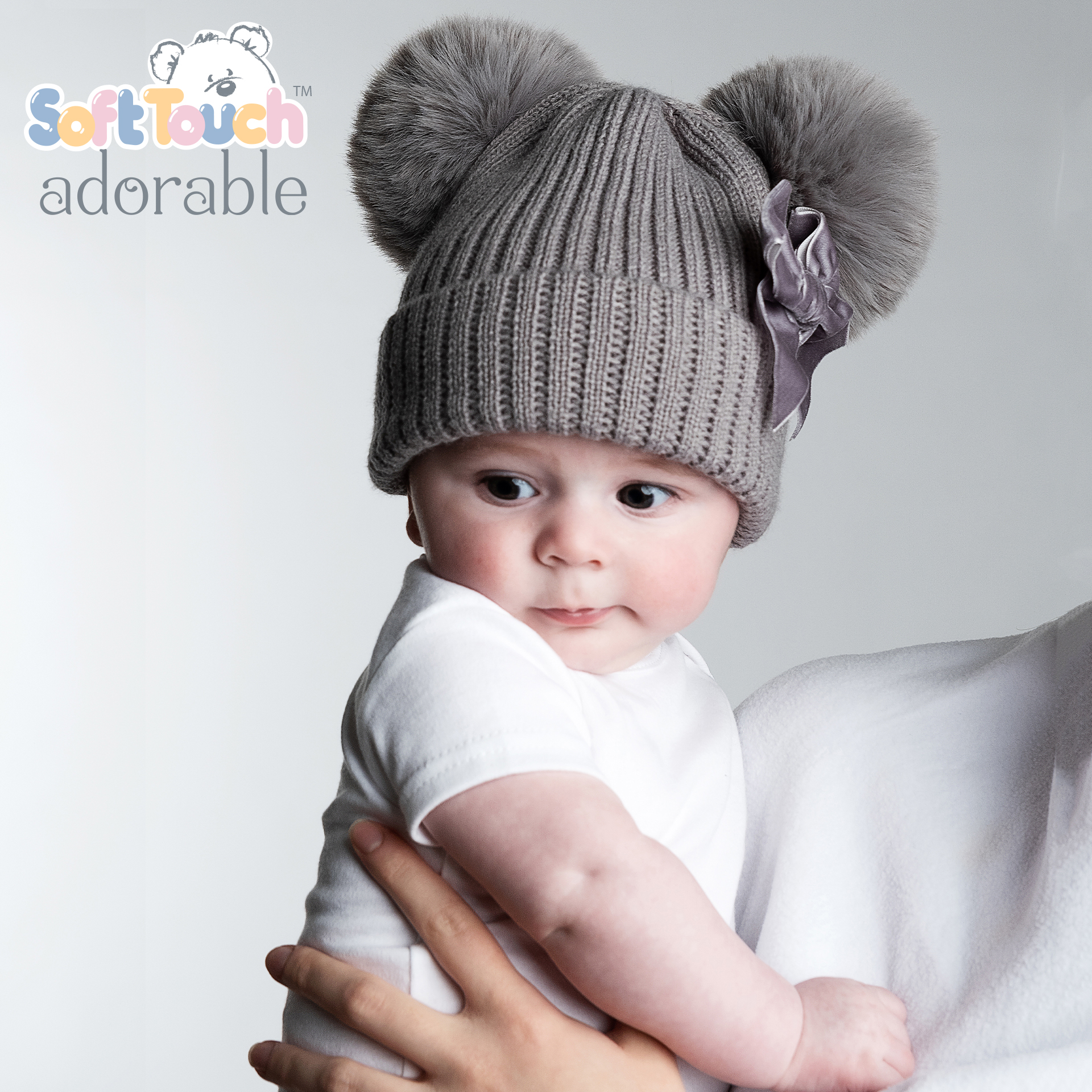 Grey Ribbed Hat w/Velvet Bow & 2 Pom Poms No. H678-G