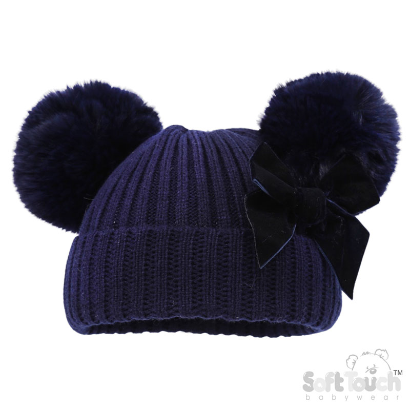 Navy Ribbed Hat w/Velvet Bow & 2 Pom Poms No. H678-N