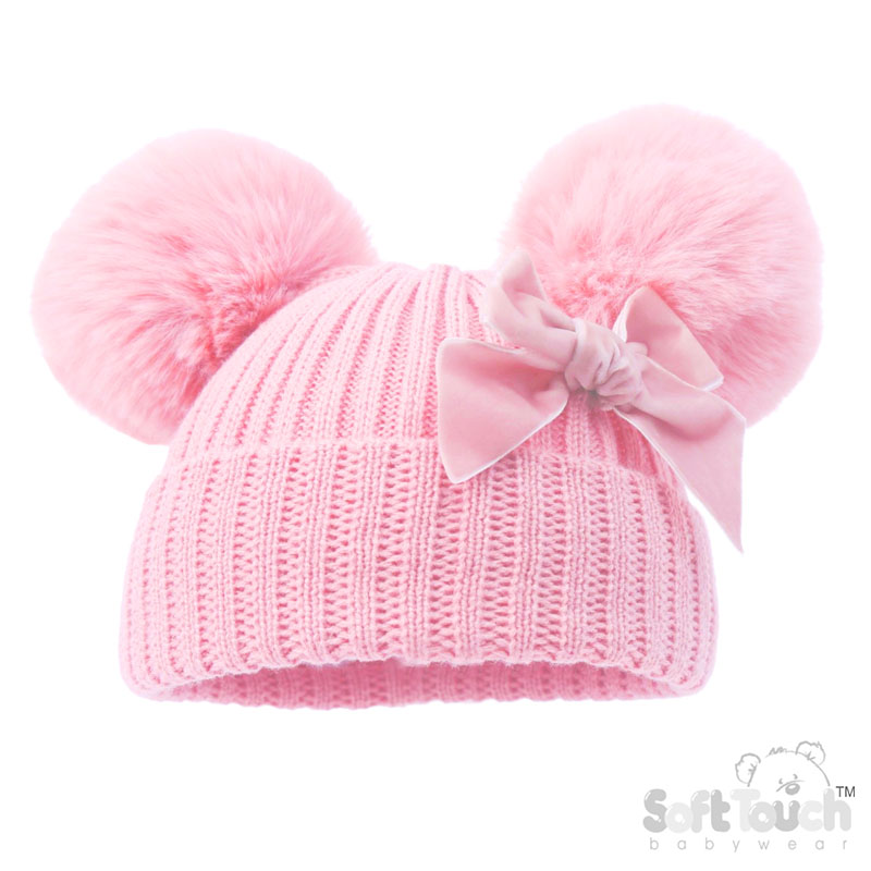 Pink Ribbed Hat w/Velvet Bow & 2 Pom Poms No. H678-P