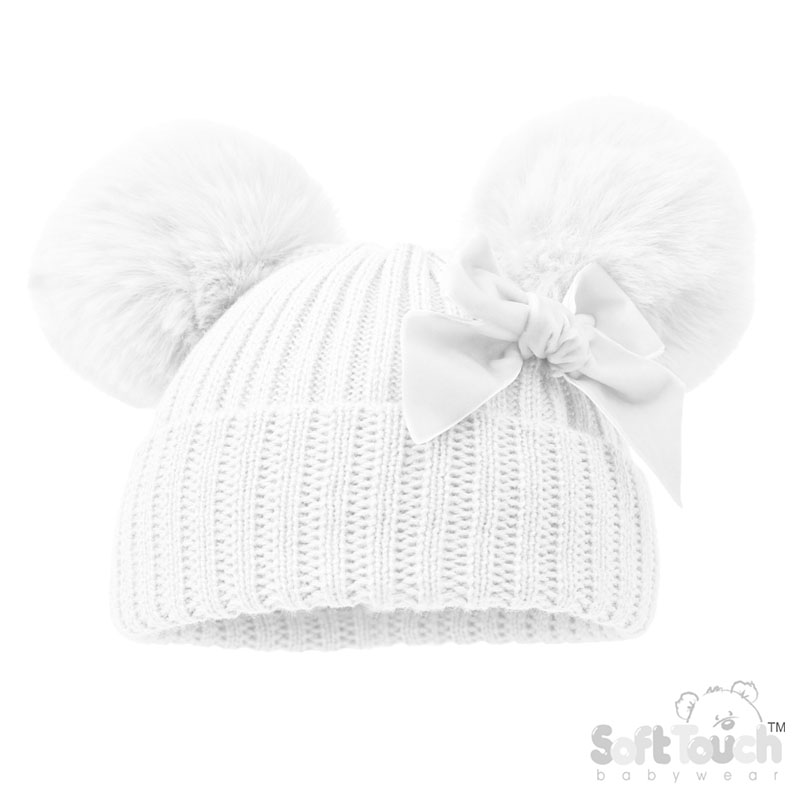 White Ribbed Hat w/Velvet Bow & 2 Pom Poms No. H678-W
