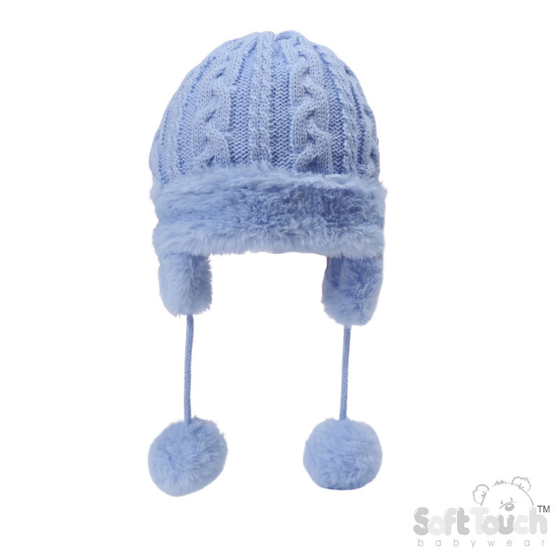 Blue Cable Knit Hat w/Pom Pom, Turnover and Ear Flaps No. H680-B