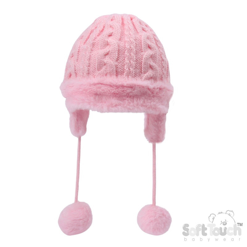 Pink Cable Knit Hat w/Pom Pom, Turnover and Ear Flaps No. H680-P