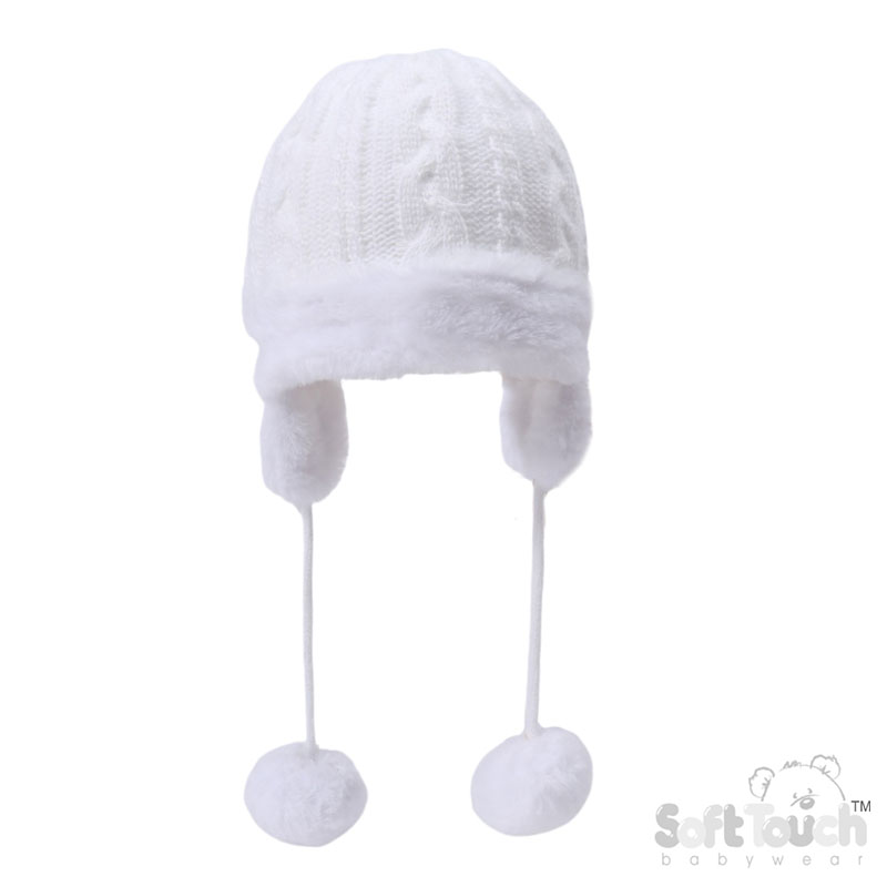 White Cable Knit Hat w/Pom Pom, Turnover and Ear Flaps No. H680-W