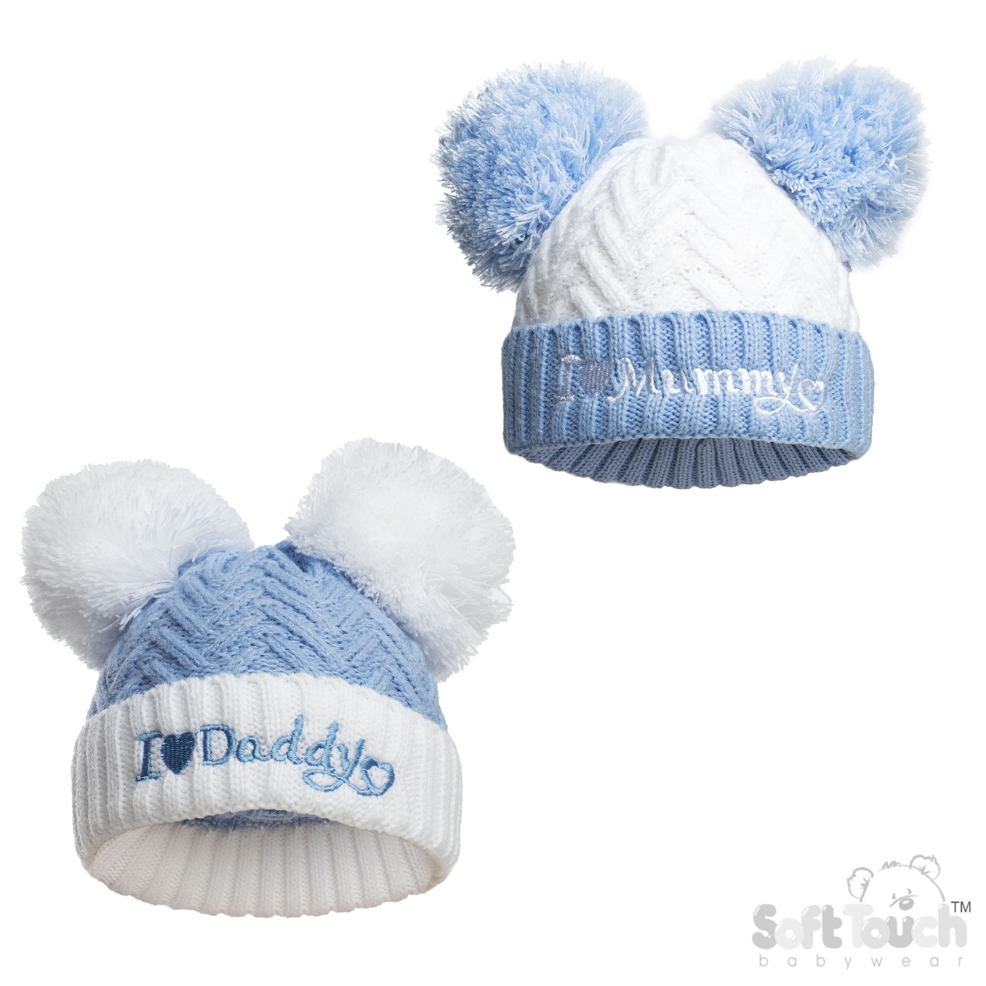 Blue Infants (NB-12m) Acrylic I Love Mummy/Daddy Hat w/Pom Pom : H682-B