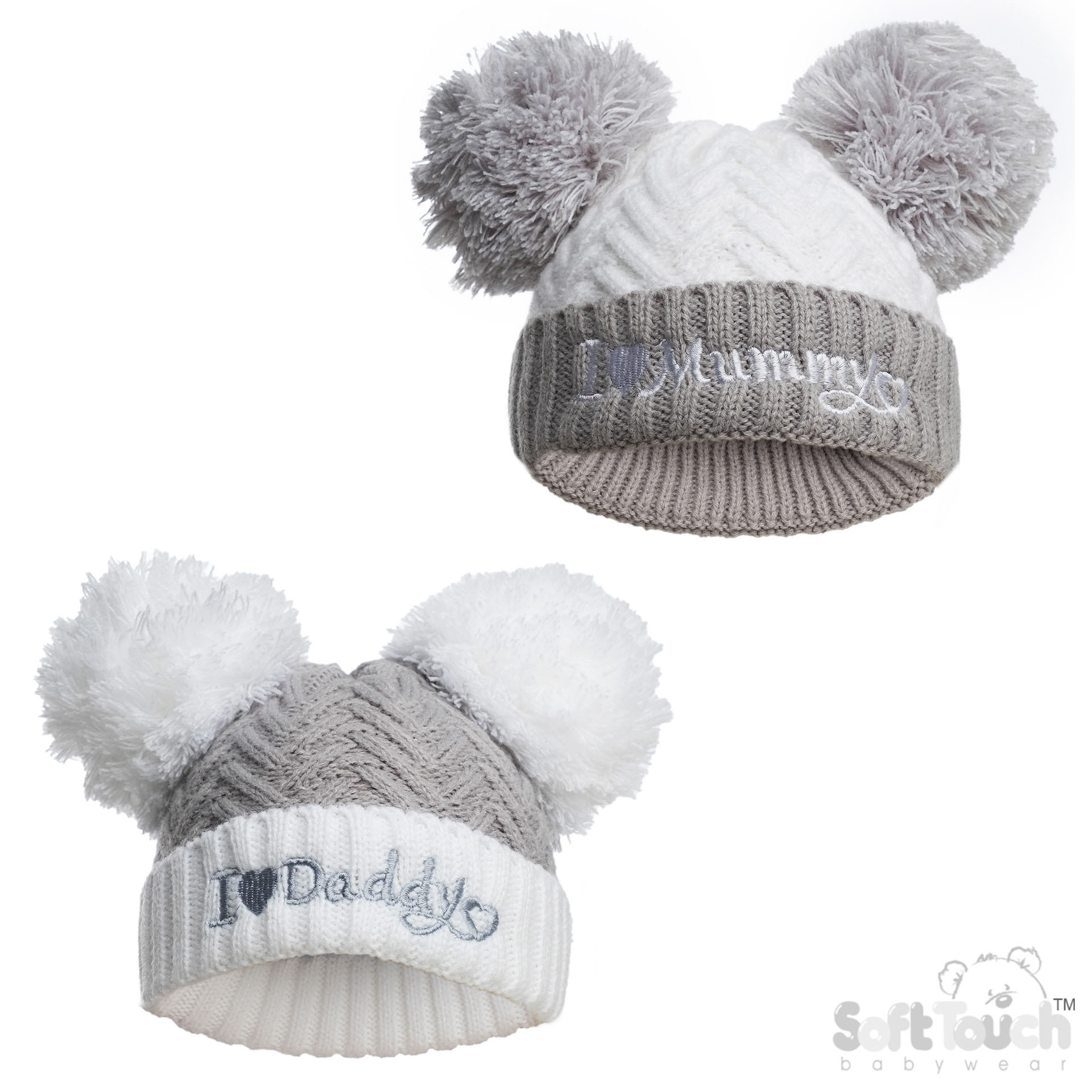 Grey Infants (NB-12m) Acrylic I Love Mummy/Daddy Hat w/Pom Pom : H682-G
