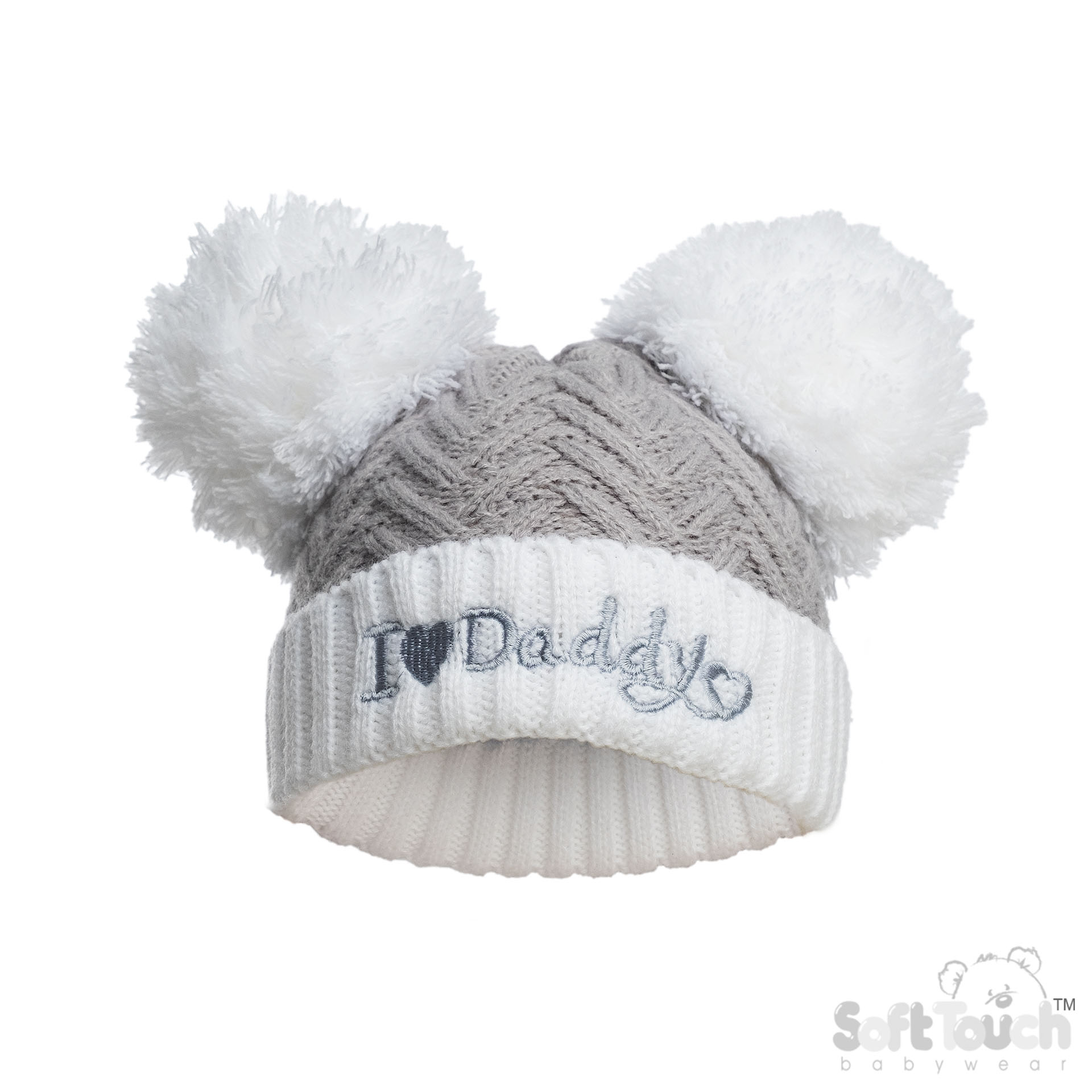 Grey Infants (NB-12m) Acrylic I Love Mummy/Daddy Hat w/Pom Pom : H682-G