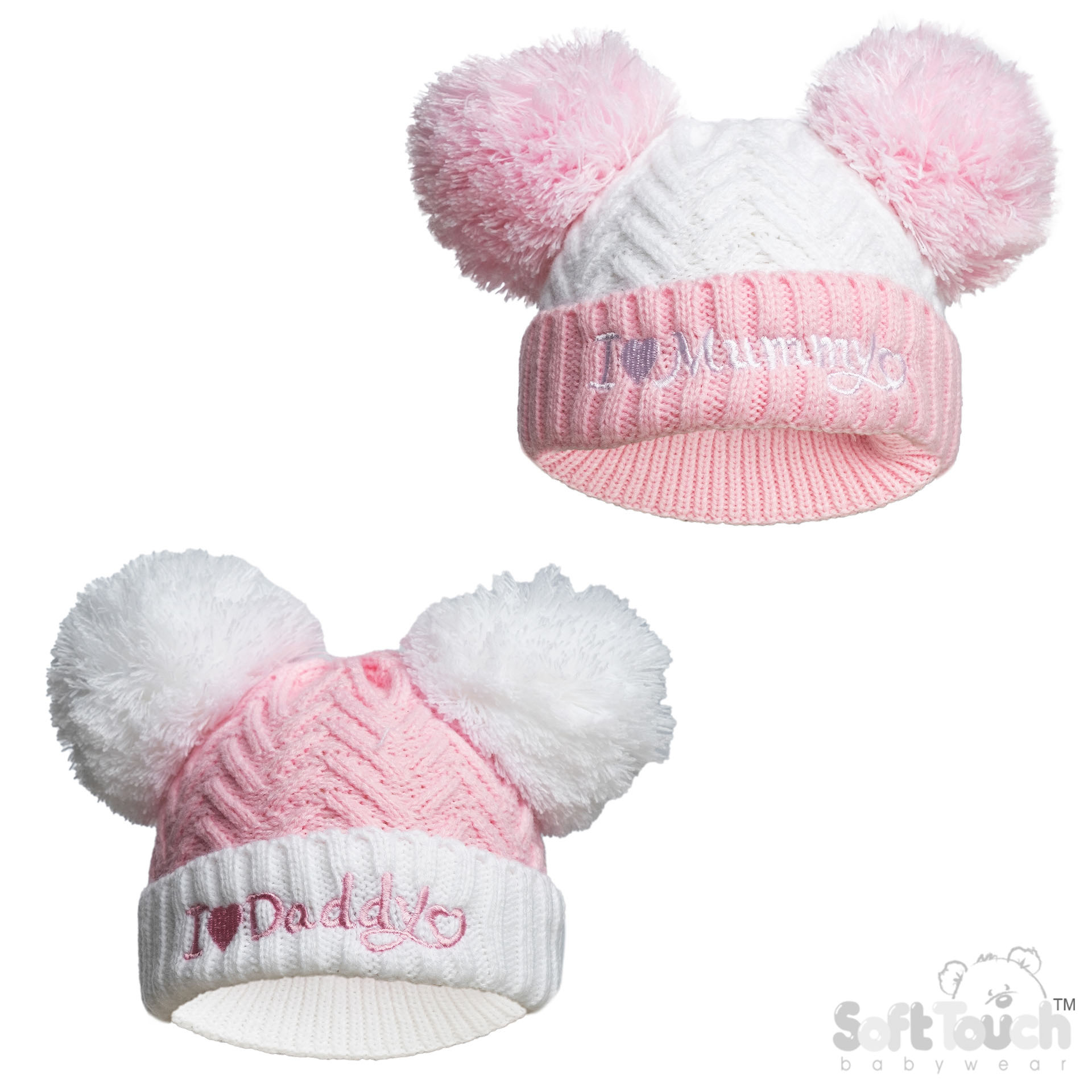 Pink Infants (NB-12m) Acrylic I Love Mummy/Daddy Hat w/Pom Pom : H682-P