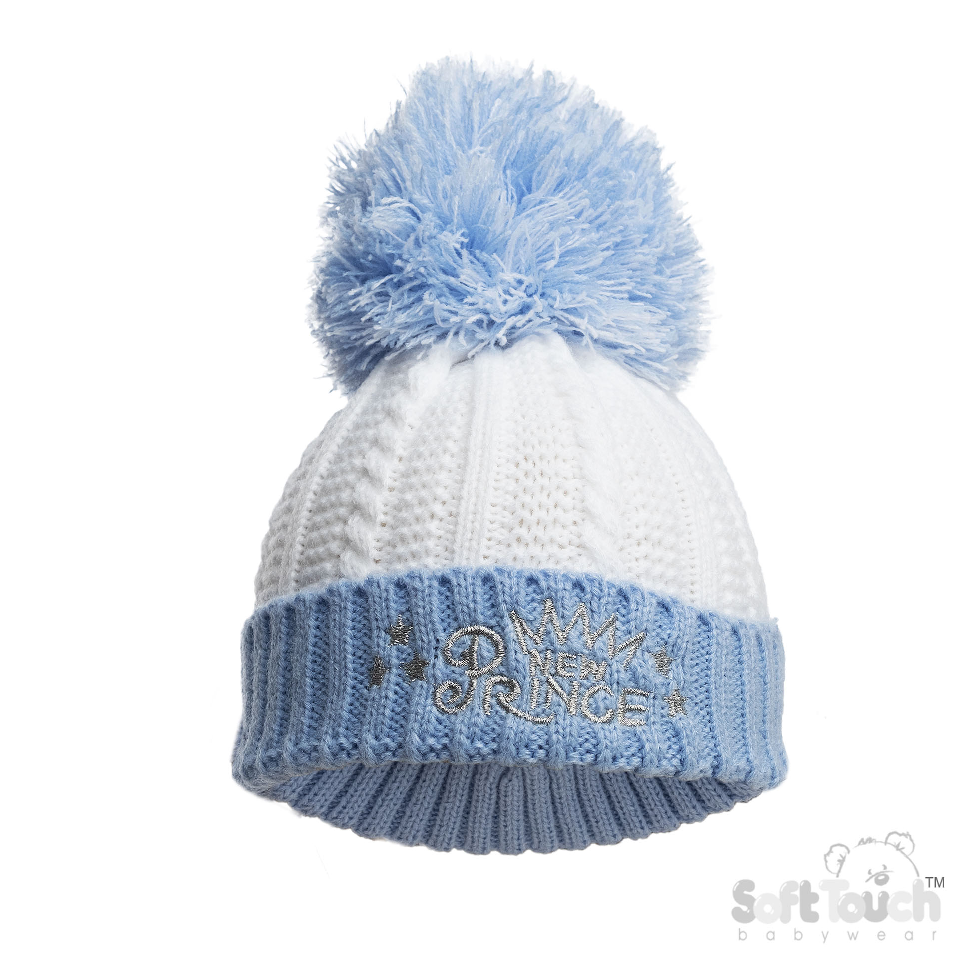 Blue Infants (NB-12m) Acrylic Cable Knit 'Prince' Hat w/Pom Pom : H684-B
