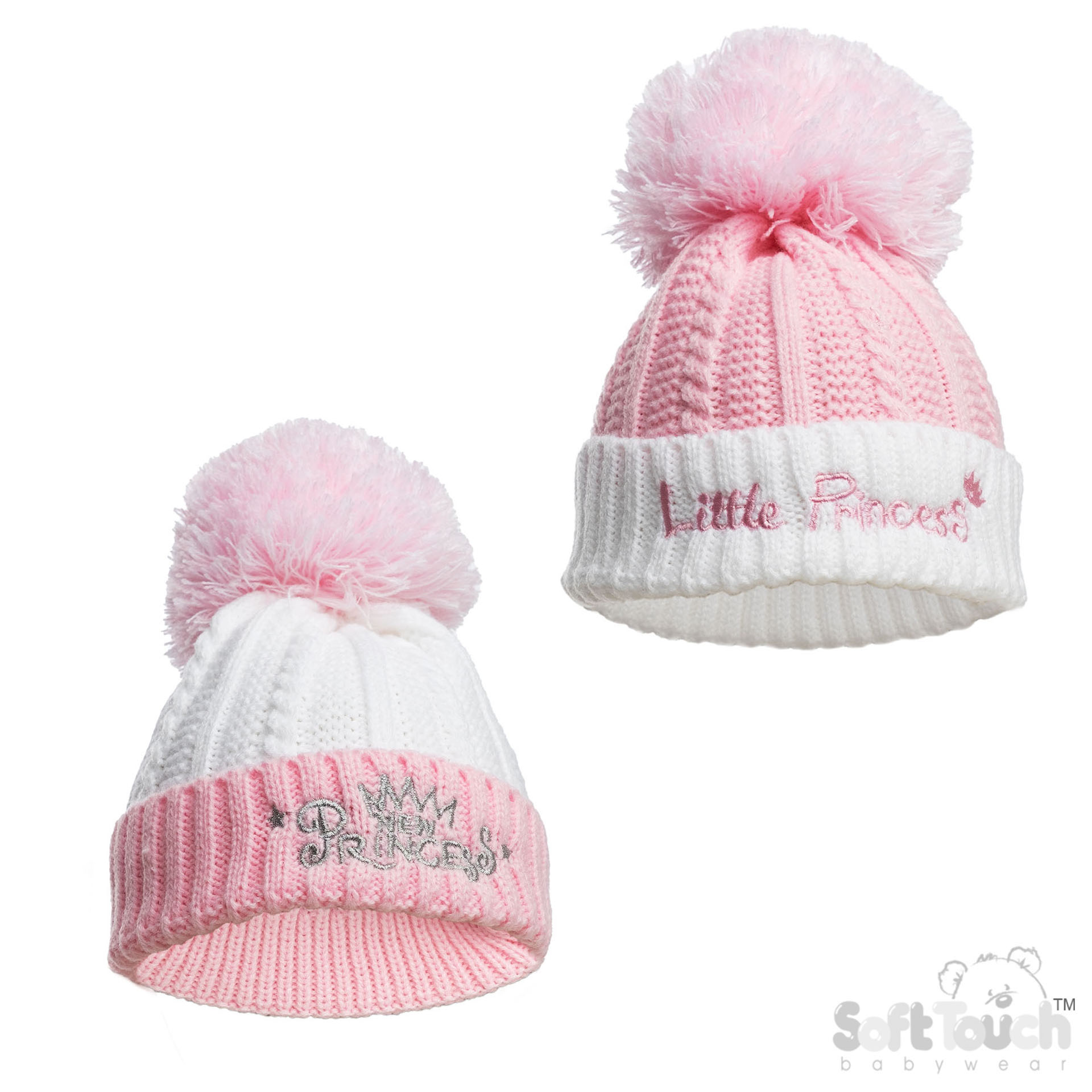 Pink Infants (NB-12m) Acrylic Cable Knit 'Princess' Hat w/Pom Pom : H684-P