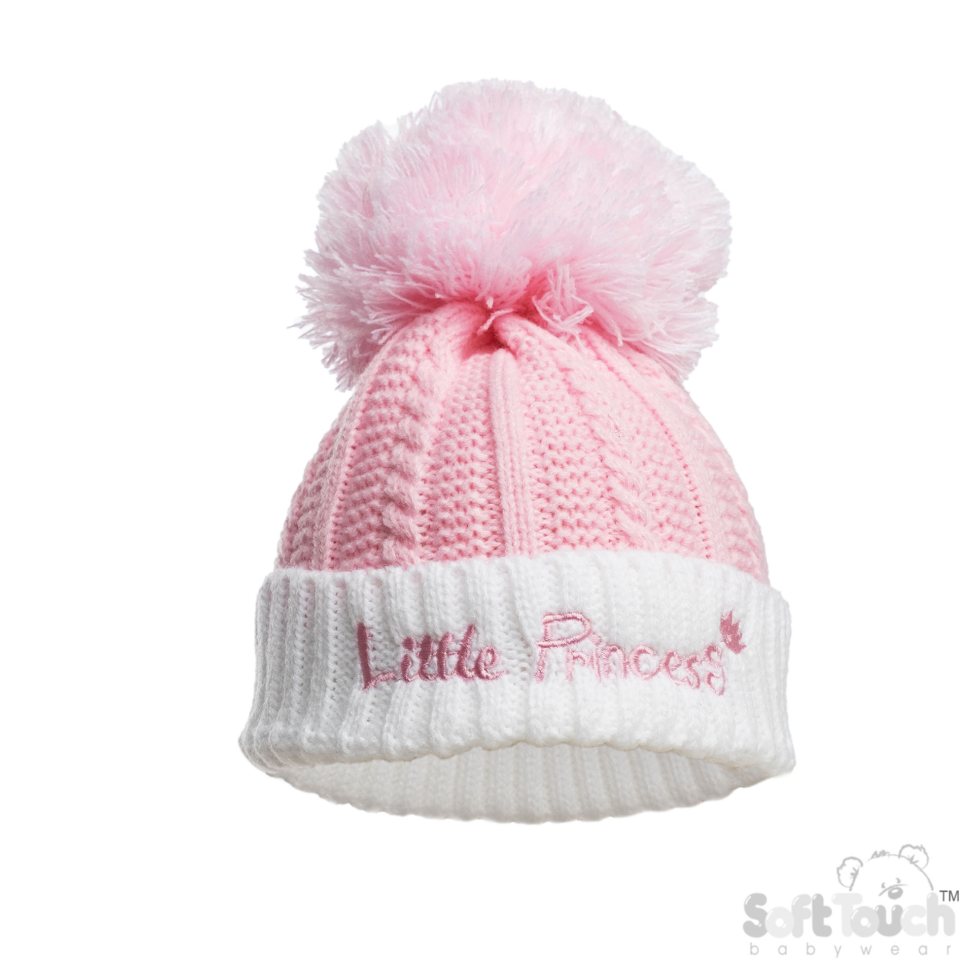 Pink Infants (NB-12m) Acrylic Cable Knit 'Princess' Hat w/Pom Pom : H684-P