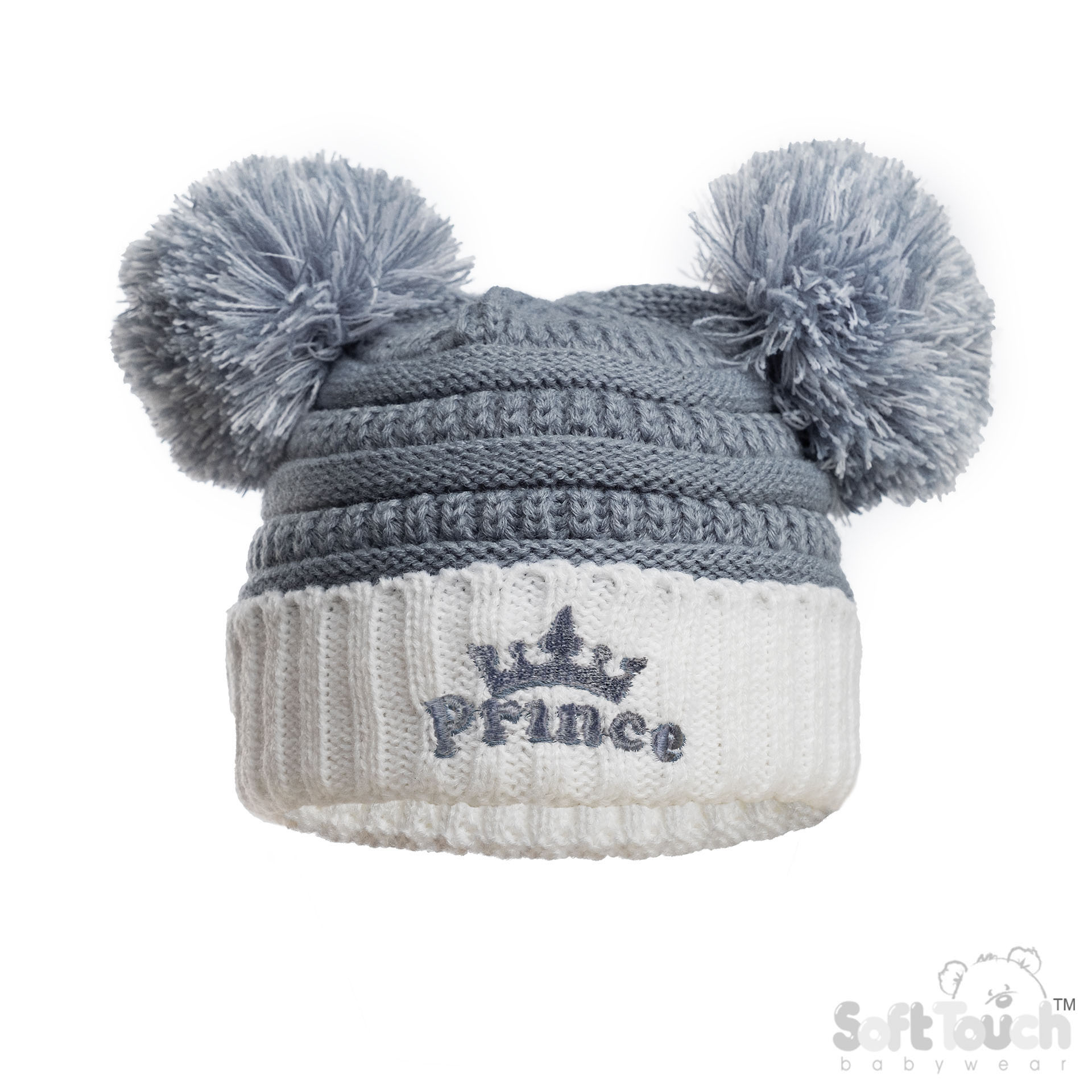 Dusty Blue Infants (NB-12m) Acrylic Cable Knit 'Prince' Hat w/Pom Poms : H686-DB