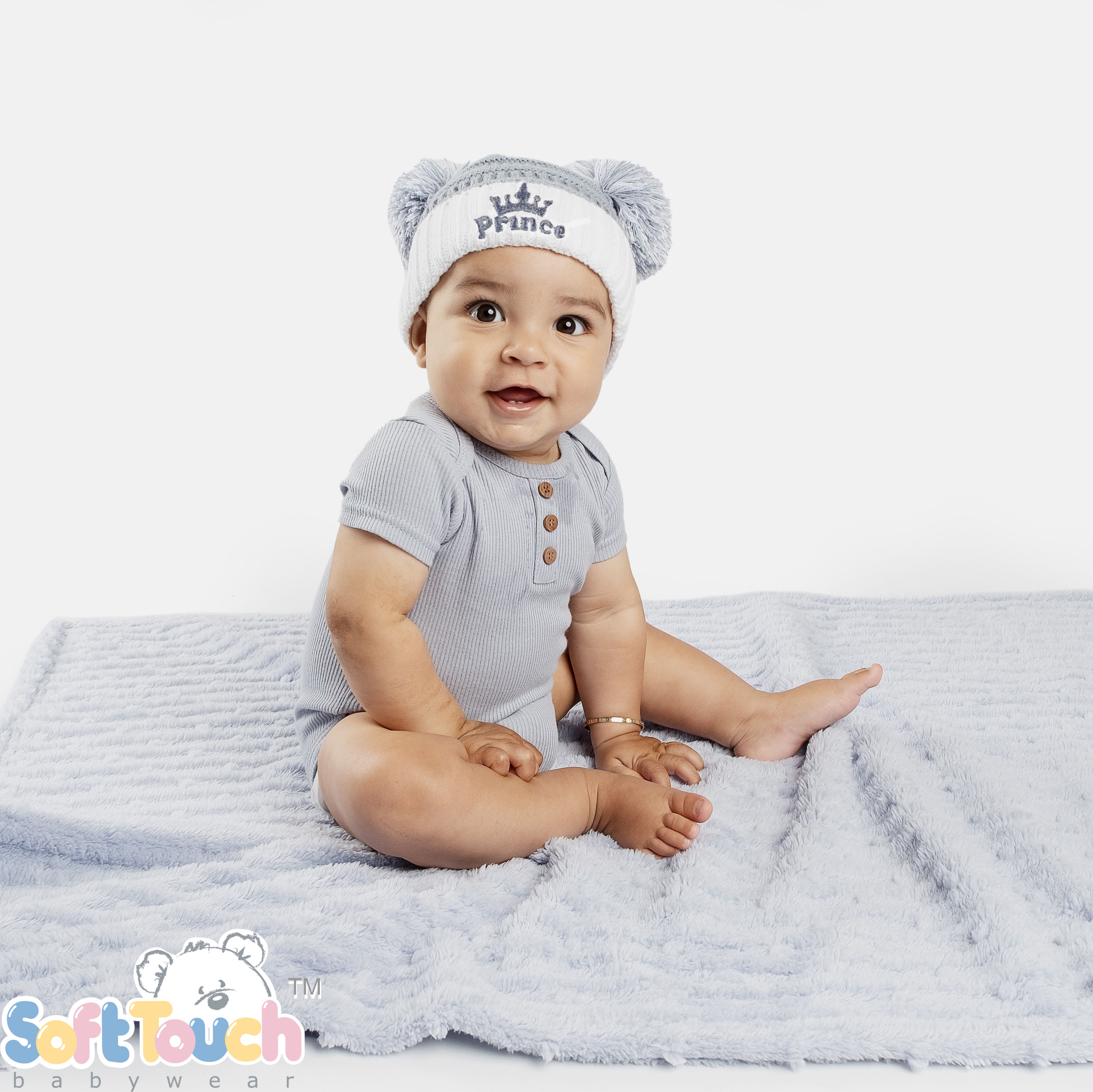 Dusty Blue Infants (NB-12m) Acrylic Cable Knit 'Prince' Hat w/Pom Poms : H686-DB