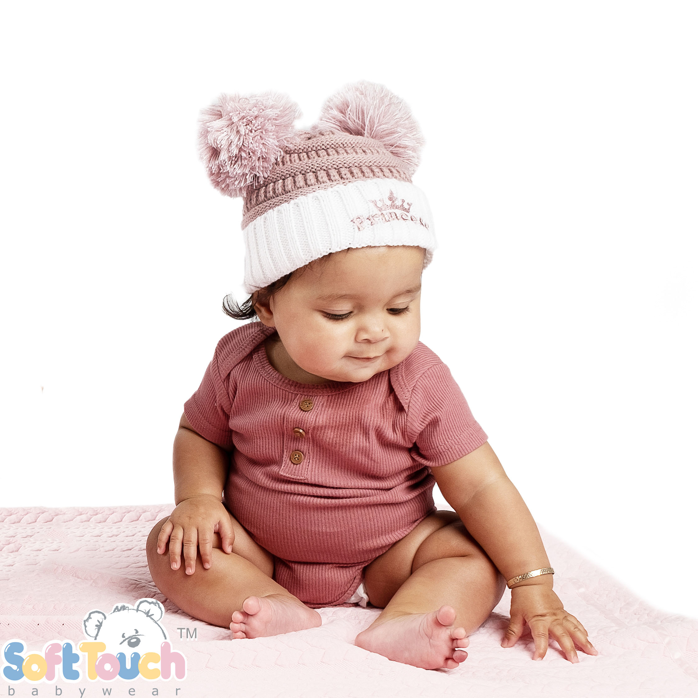 Dusty Pink Infants (NB-12m) Acrylic Cable Knit 'Princess' Hat w/Pom Poms : H686-DP