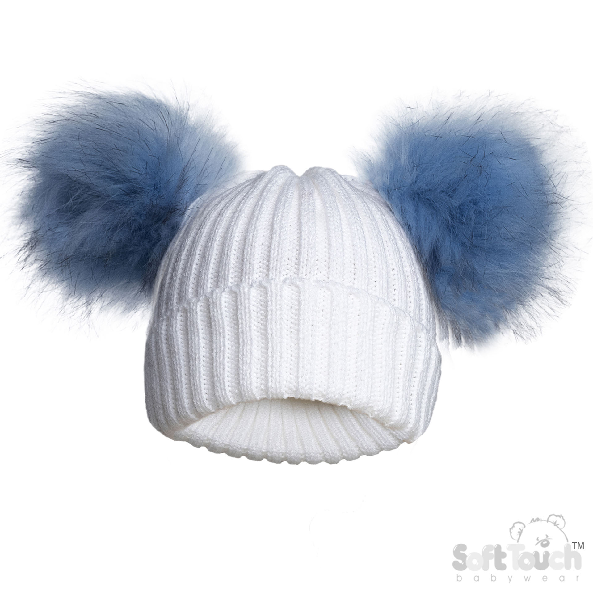 White/Blue Infants (NB-12m) Acrylic Ribbed Hat w/Faux Fur Pom Poms : H688-B