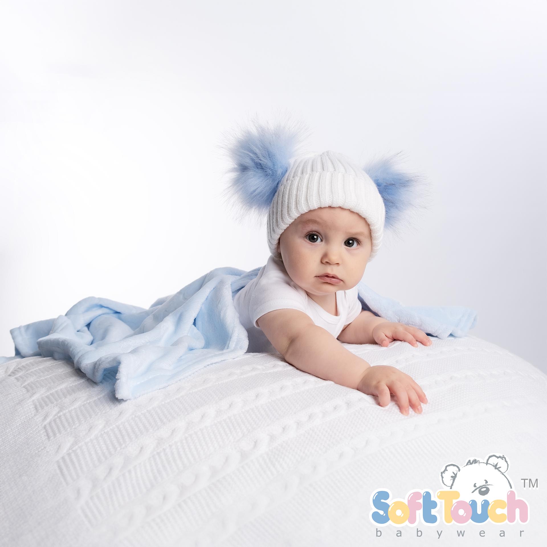 White/Blue Infants (NB-12m) Acrylic Ribbed Hat w/Faux Fur Pom Poms : H688-B