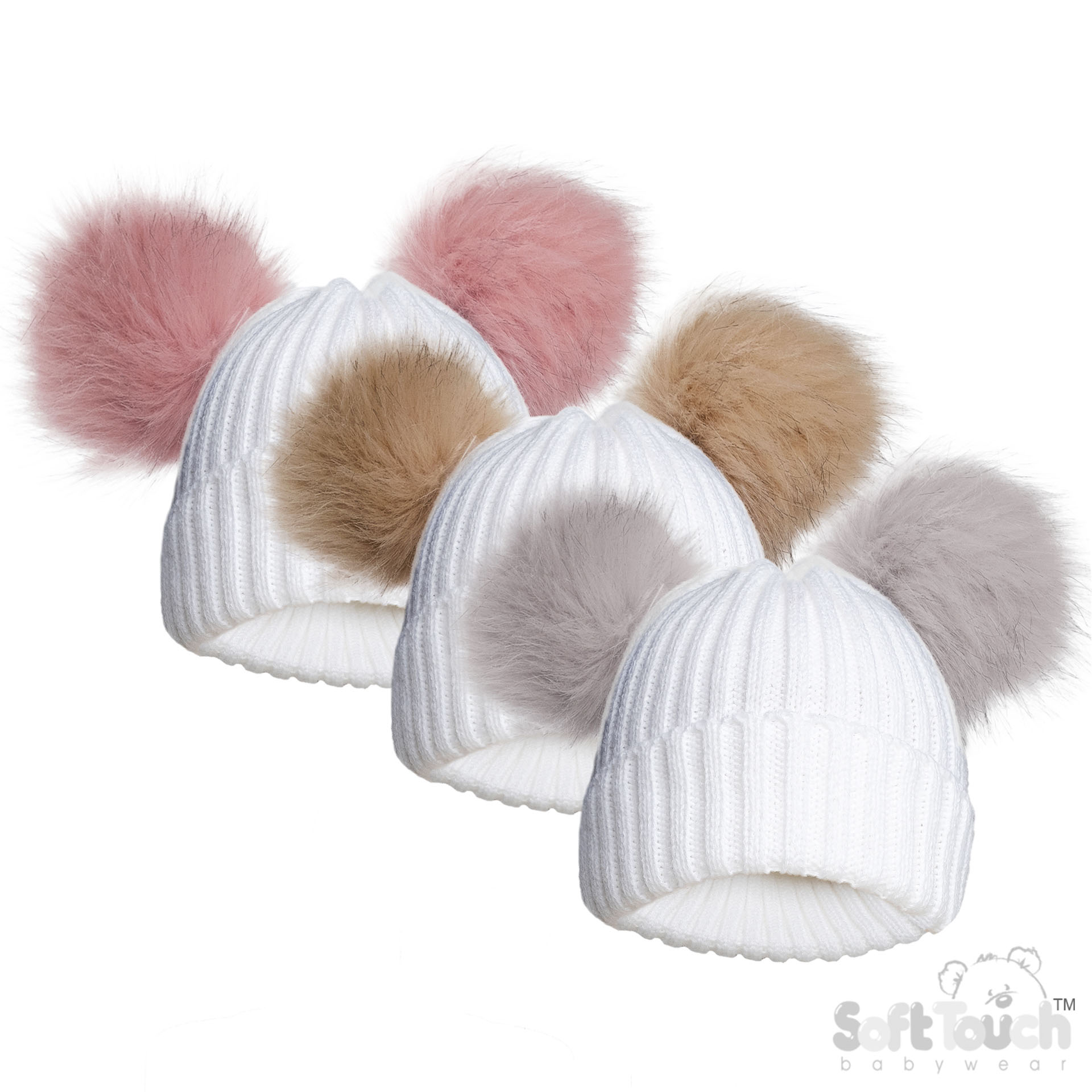 White/Assorted Colours Infants (NB-12m) Acrylic Ribbed Hat w/Faux Fur Pom Poms : H688-COL