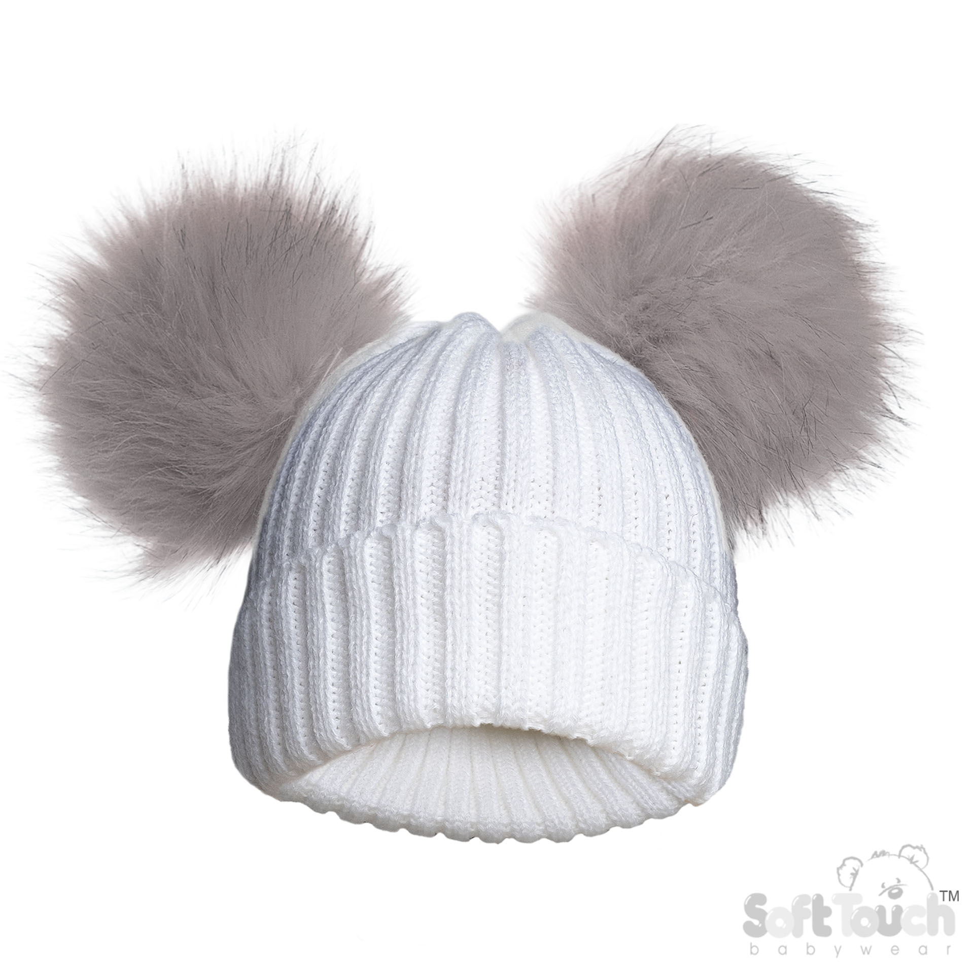 White/Assorted Colours Infants (NB-12m) Acrylic Ribbed Hat w/Faux Fur Pom Poms : H688-COL