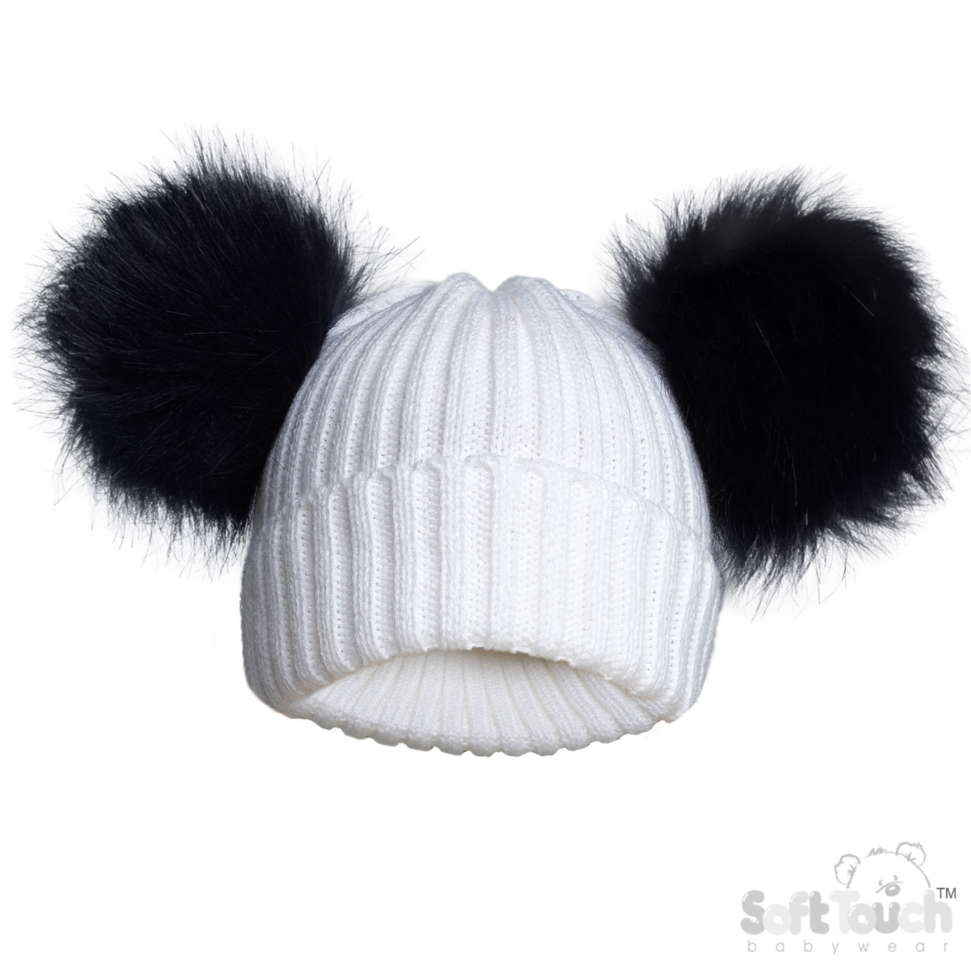 White/Navy Infants (NB-12m) Acrylic Ribbed Hat w/Faux Fur Pom Poms : H688-N