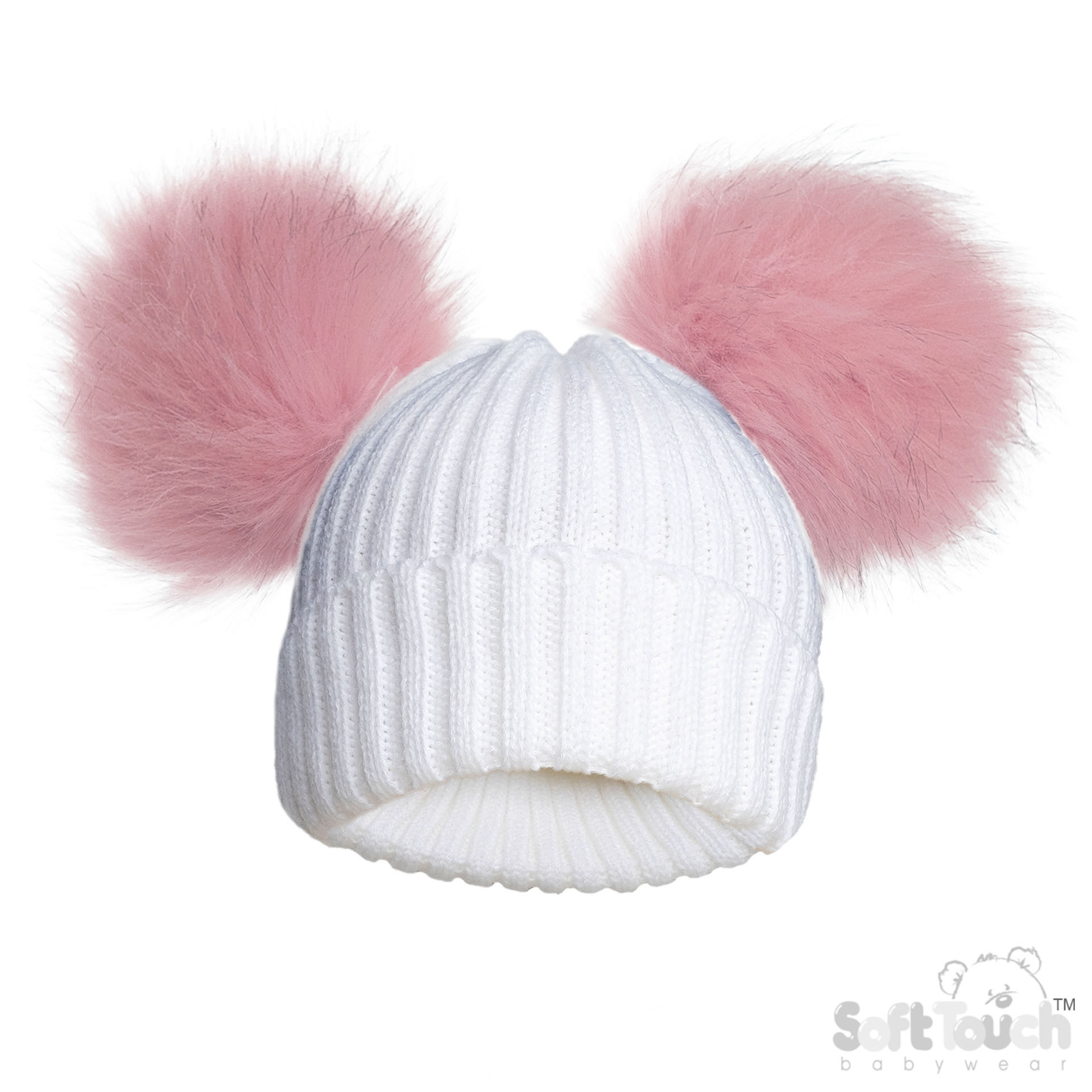 White/Pink Infants (NB-12m) Acrylic Ribbed Hat w/Faux Fur Pom Poms : H688-P