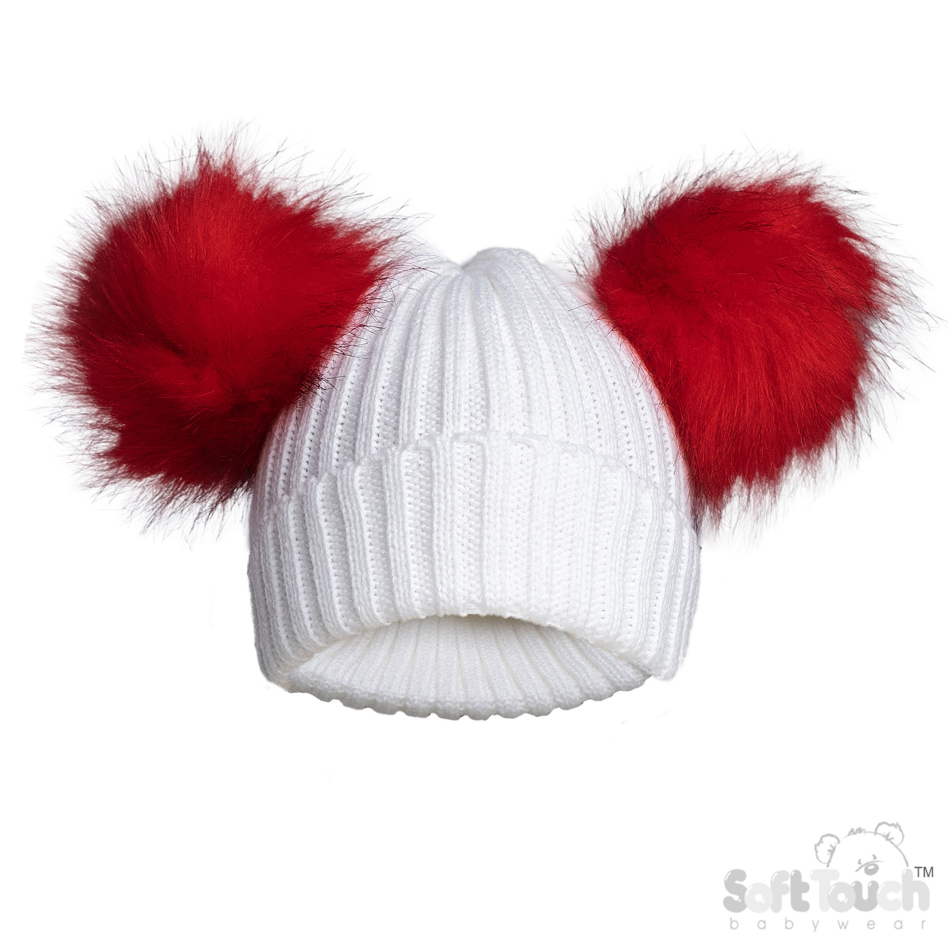 White/Red Infants (NB-12m) Acrylic Ribbed Hat w/Faux Fur Pom Poms : H688-R