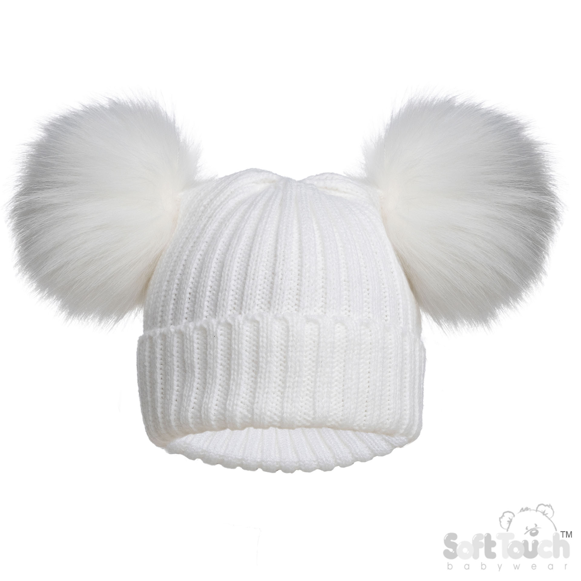 White Infants (NB-12m) Acrylic Ribbed Hat w/Faux Fur Pom Poms : H688-W