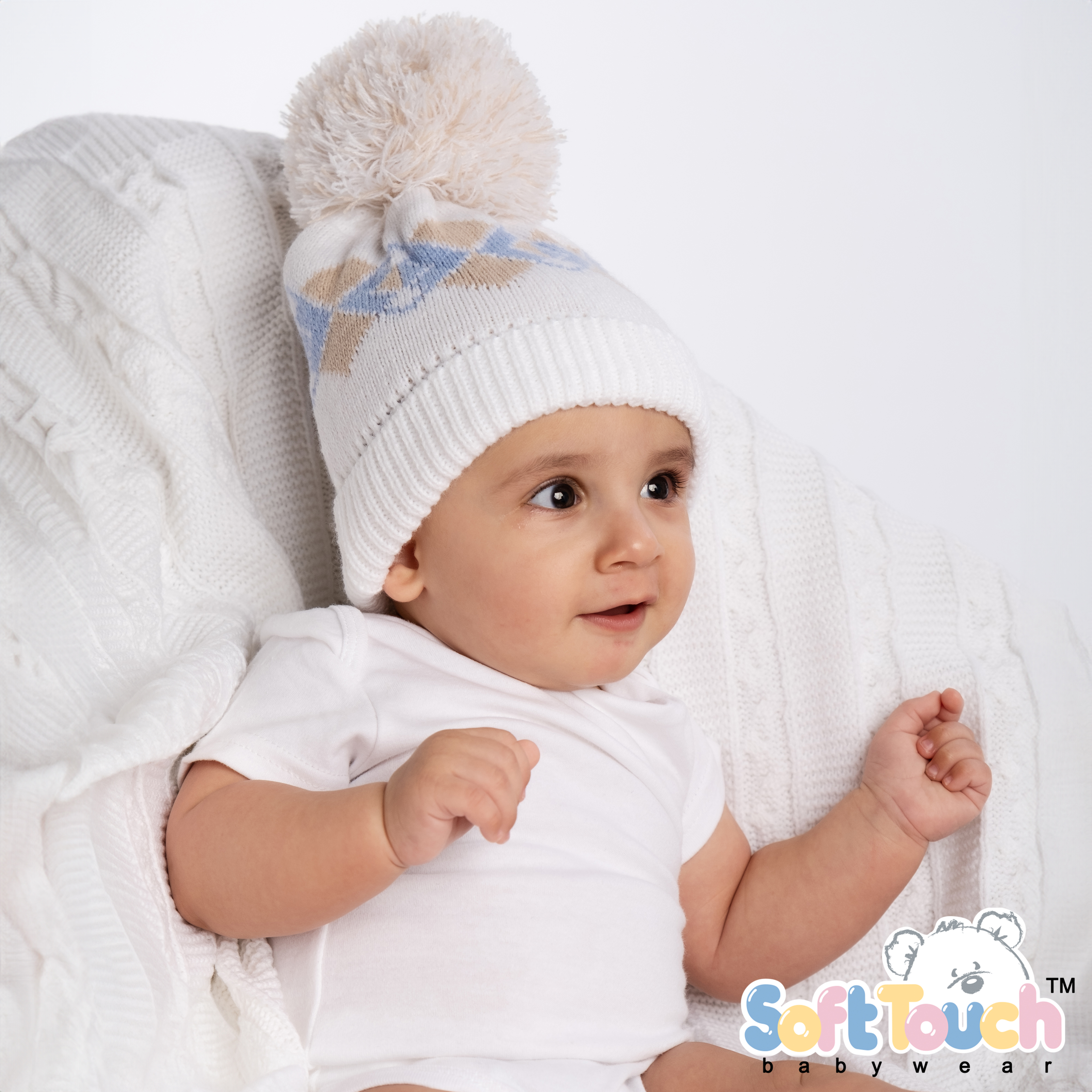 Blue Infants (N-12m) Acrylic Argyle Hat w/Pom Pom : H690-B