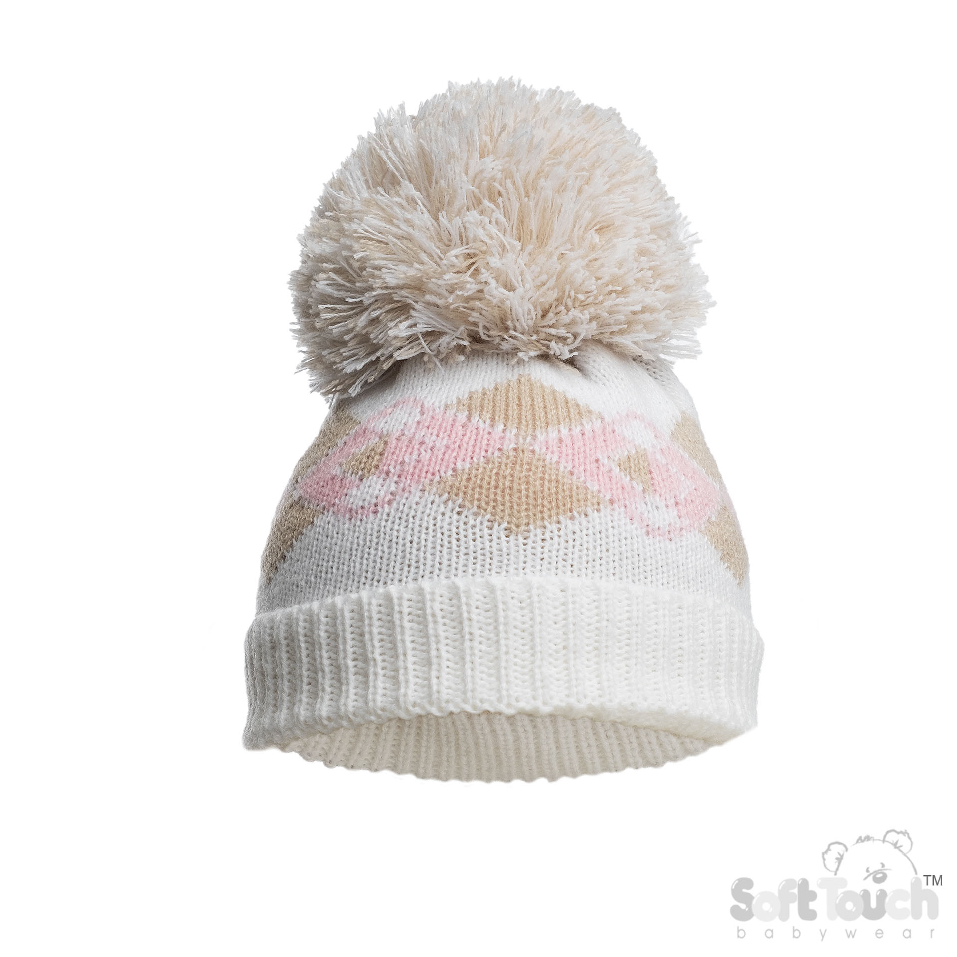 Pink Infants (N-12m) Acrylic Argyle Hat w/Pom Pom : H690-P