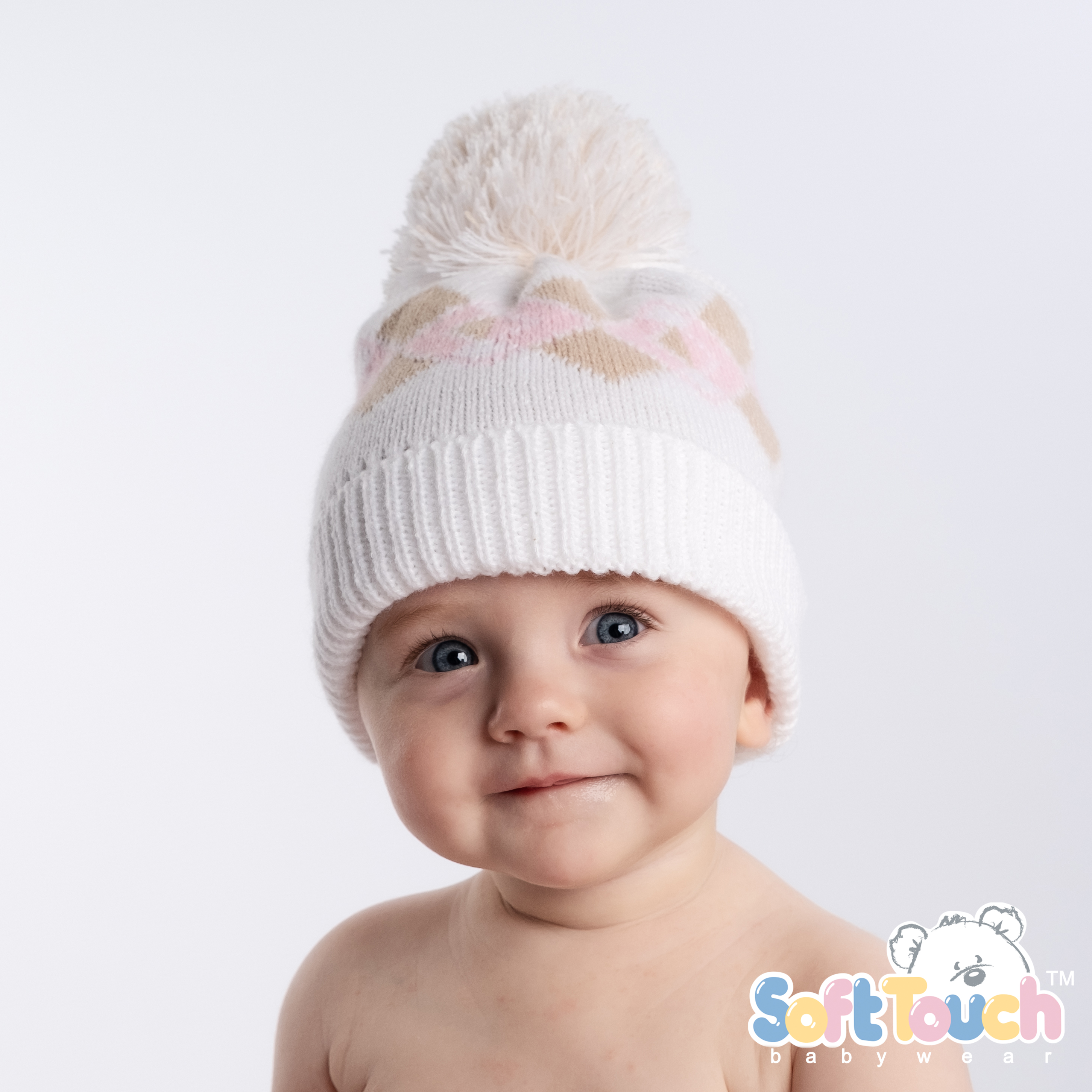 Pink Infants (N-12m) Acrylic Argyle Hat w/Pom Pom : H690-P