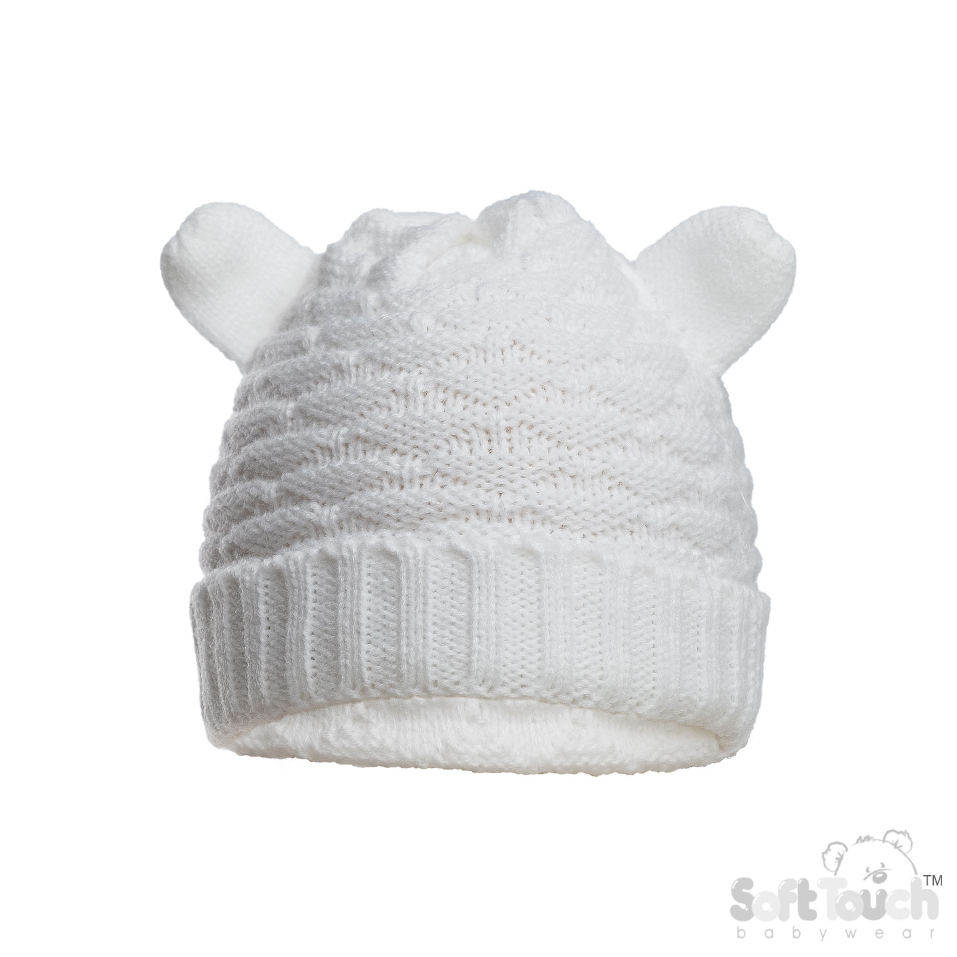White Infants (NB-12m) Acrylic Cable Knit Hat w/Ears: H710-W