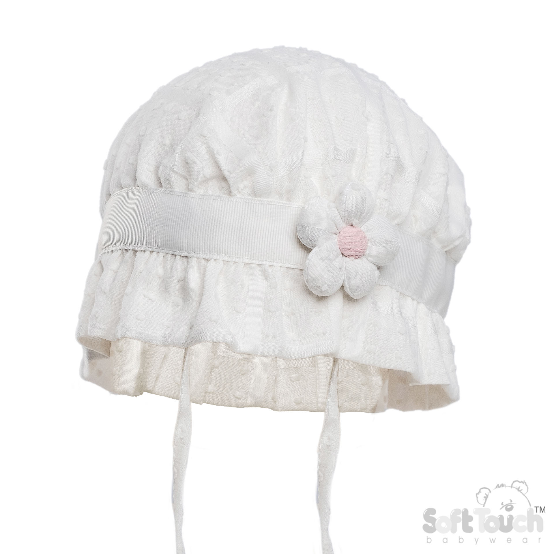 White Dotty Summer Hat w/Flower No. H78-W