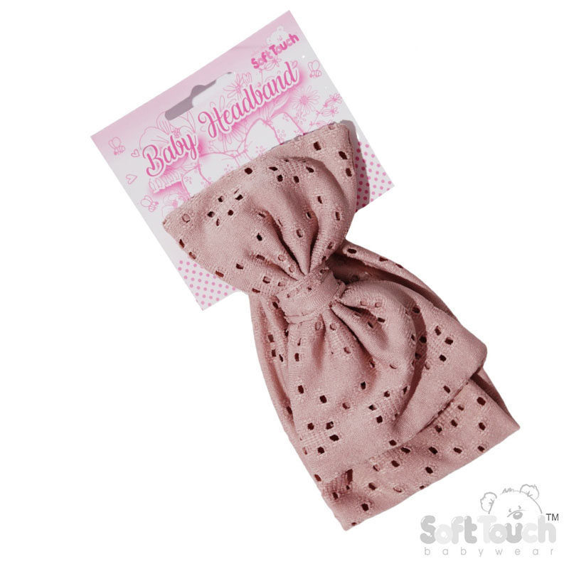 Dusty Pink Broderie Anglaise Headband w/Large Bow : HB102-DP