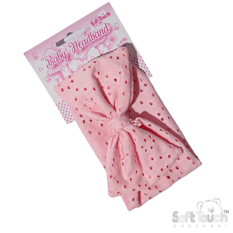 Pink Broderie Anglaise Headband w/Large Bow : HB102-P